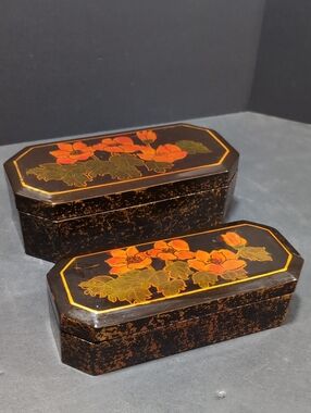 VGT, Chinese Lacquered Set Of 2 Trinket/Jewelry Boxes with Floral Motifs.
